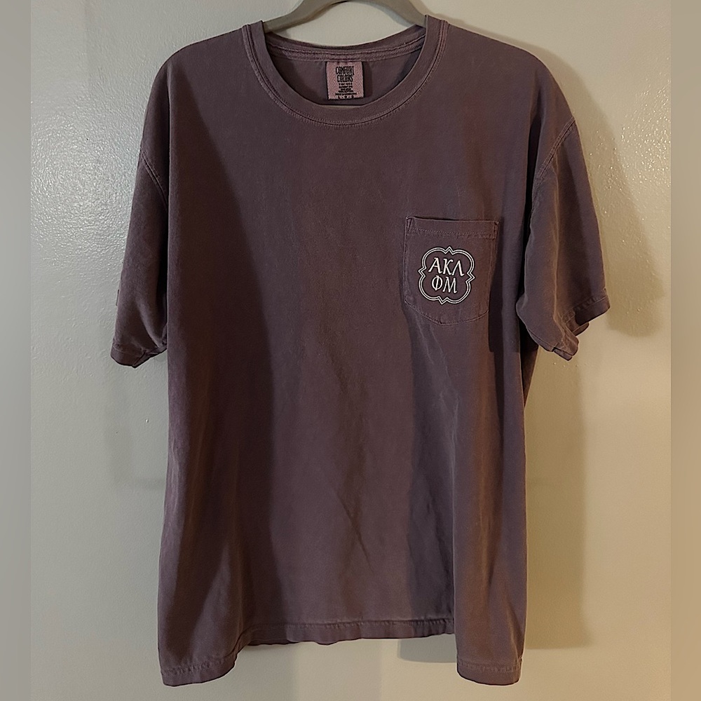 Purple Alpha Kappa Lamba x Phi Mu Spring Block Pocket Comfort Colors Tee Size L